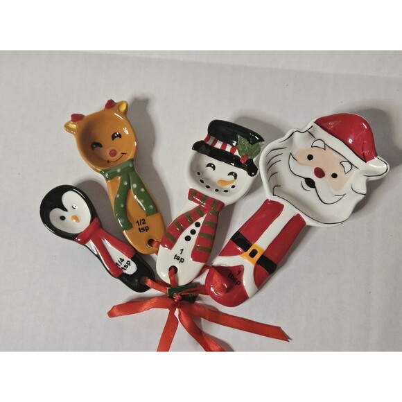4Pc Sleigh Bell Bistro Ceramic Christmas Measuring Spoons AS IS Snowman Winter - Picture 3 of 7
